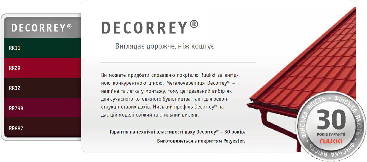 Металочерепиця Ruukki Decorrey Grand 0.45 глянець RR 32 - Зображення 6