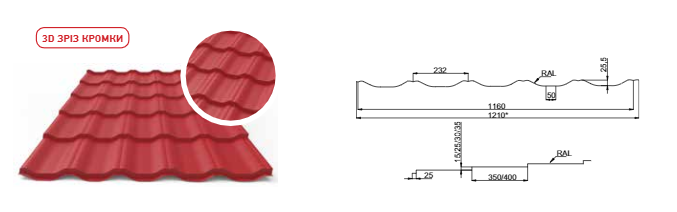 Металочерепиця "Арсенал 0.4 мм", полімерне покриття глянець Китай - Зображення 6