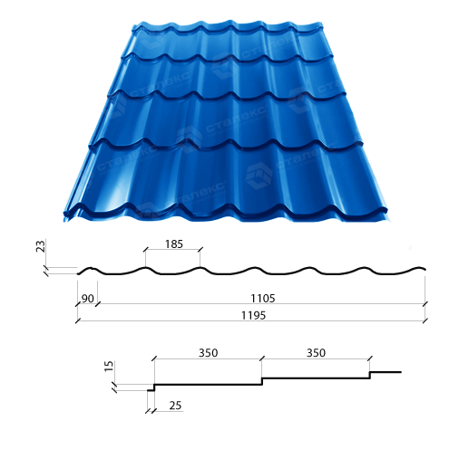 Металочерепиця Сталекс-GRAND 0,45 мм PE RAL 5005 Словаччина - Зображення 2