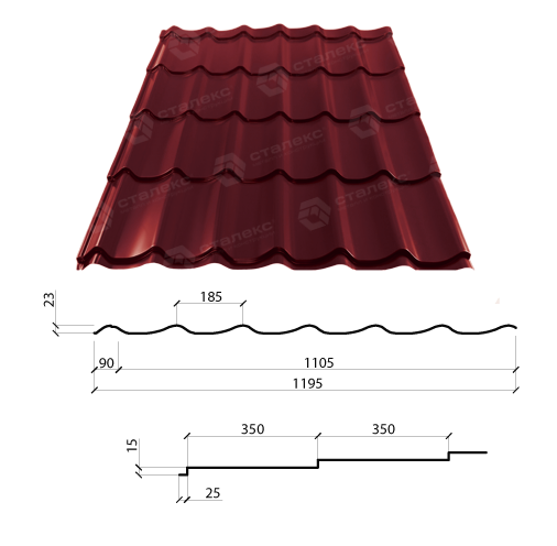 Металочерепиця GRAND 0,50*1195 PEMA RAL 3005 Італія-Marchegalia - Зображення 2