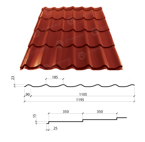 Металочерепиця GRAND 0,50*1195 PEMA RAL 3005 Італія-Marchegalia - Зображення 4