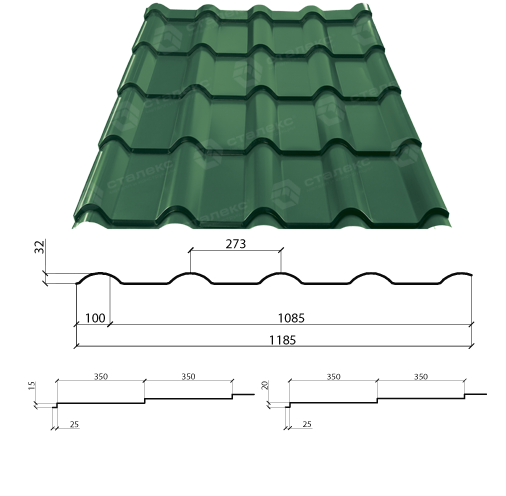 Металочерепиця AFINA 0,45 мм PEMA RAL 6005 Словаччина - Зображення 3