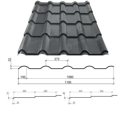 Металочерепиця ⁇ AFINA ⁇ 0,5 RAL 3011 MATT ArcelorMittal - Зображення 2