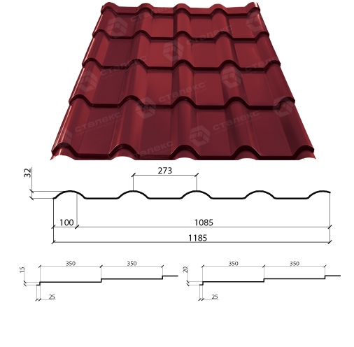 Металочерепиця "AFINA" 0,45 мм PEMA RAL 3005 Туреччина - Зображення 2
