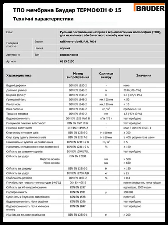 BAUDER Thermofol M-12 Мембрана ПВХ 1,2 ММ серая (1.5 x 20 М) - Зображення 4